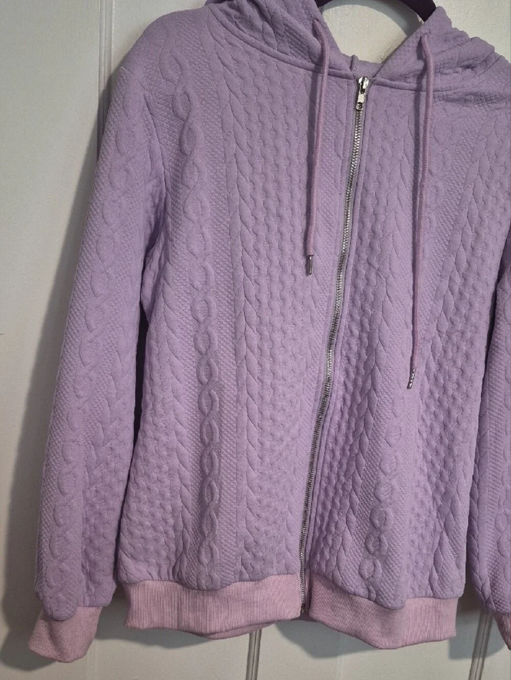 Lavender Cable Knit Zip-Up Hoodie Bomber Jacket